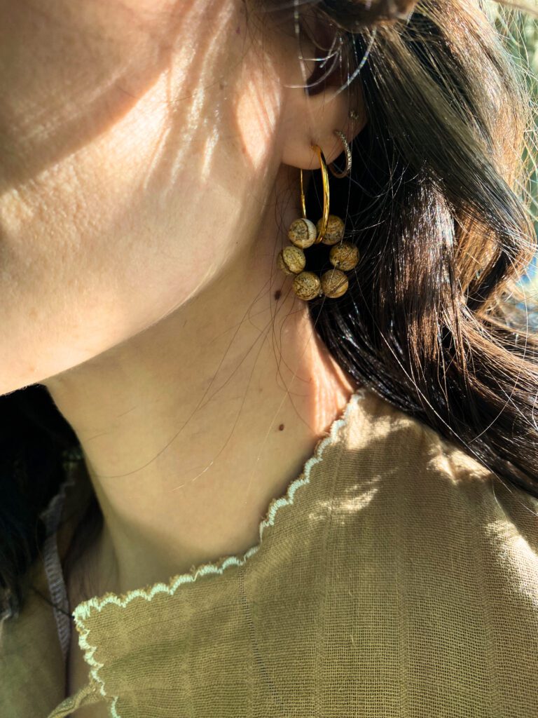 Picture Jasper Hoops Sulka Studio Jewellery - gilded hoops with picture jasper pendant